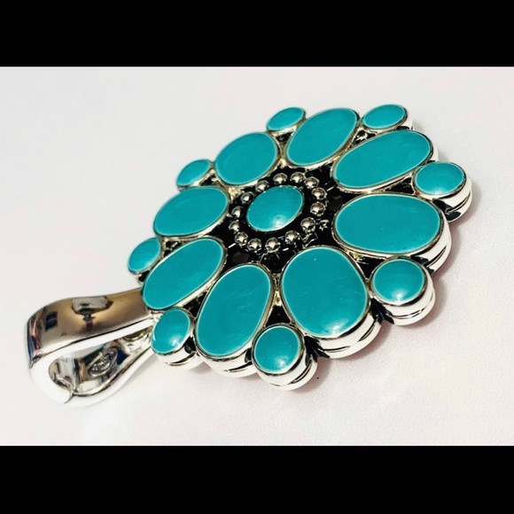 Premier Designs Reversable Enamel Pendant Teal Blue Red Flower - Picture 10 of 11